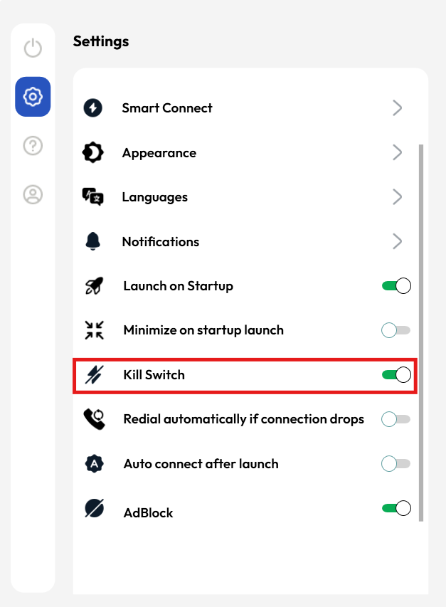 FastestVPN settings tab with a red outline around the kill switch feature