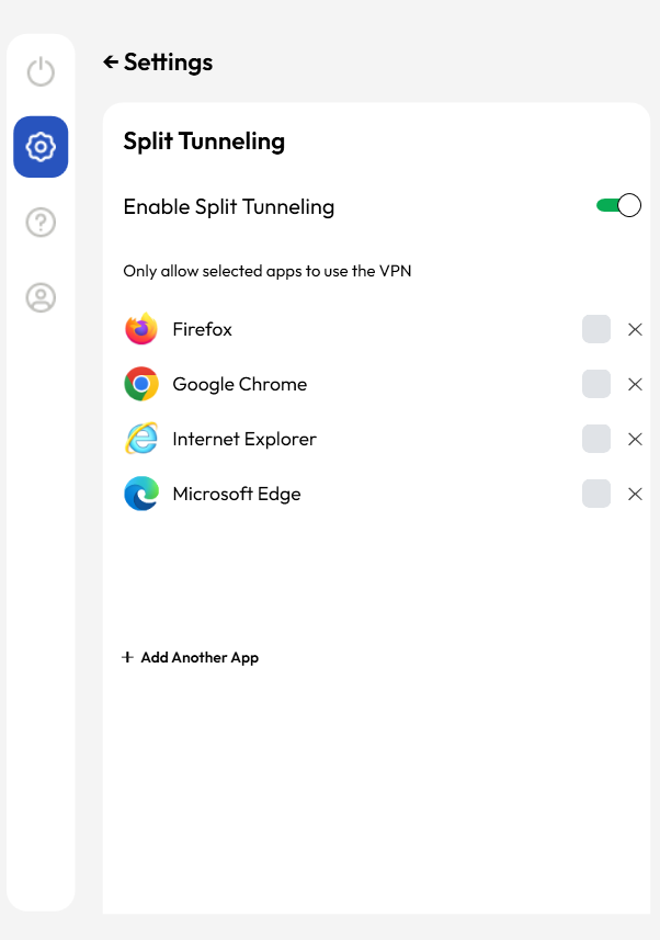 FastestVPN settings open on split tunneling tab