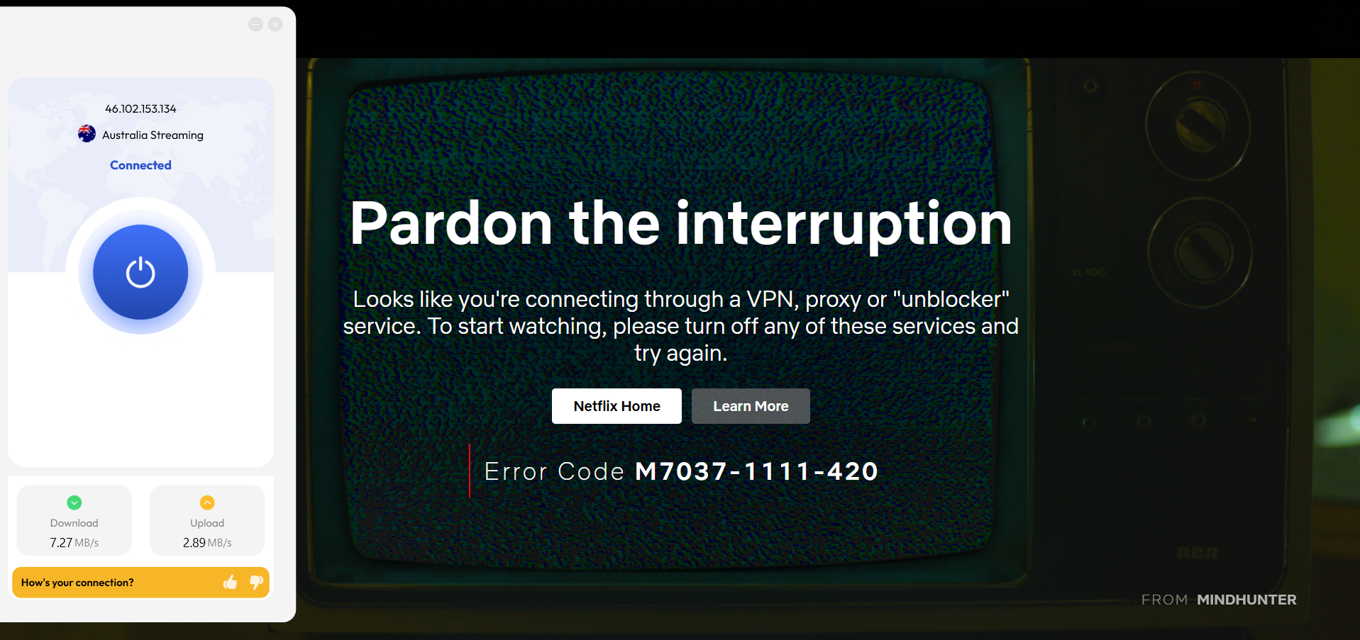 Netflix error page detecting VPN with FastestVPN in the foreground 