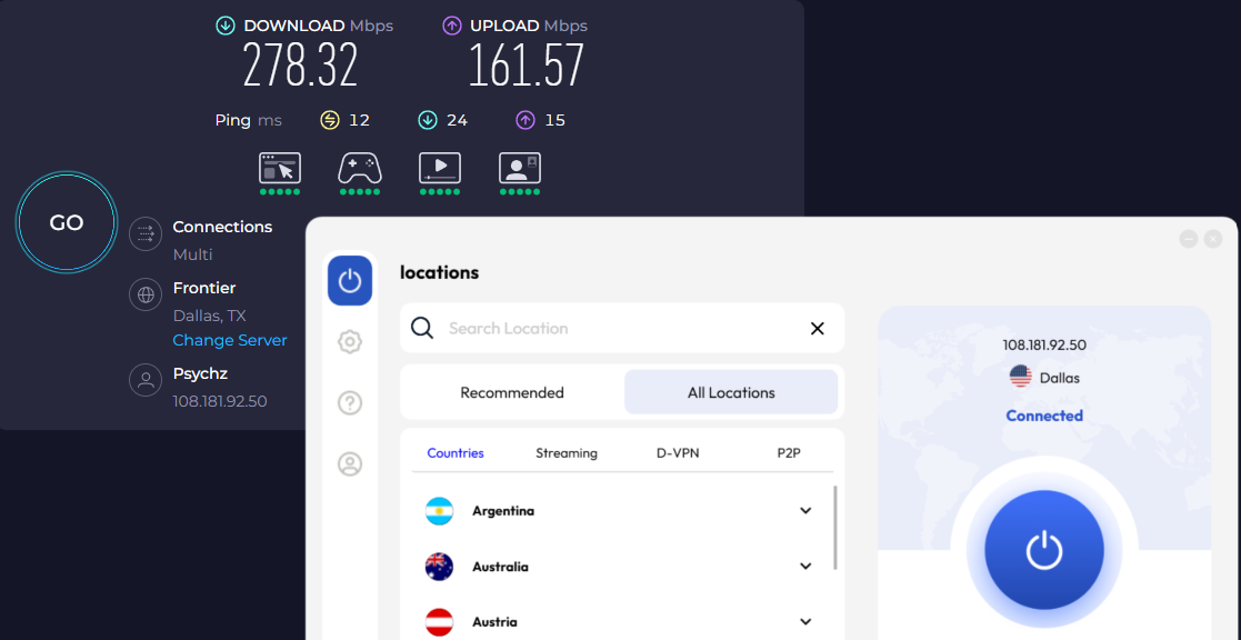Speed test results for FastestVPN while connected to a server in Dallas (278.32 download, 161.57 upload, 12 ping).