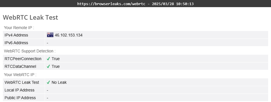 FastestVPN's WebRTC leak test results (pass).