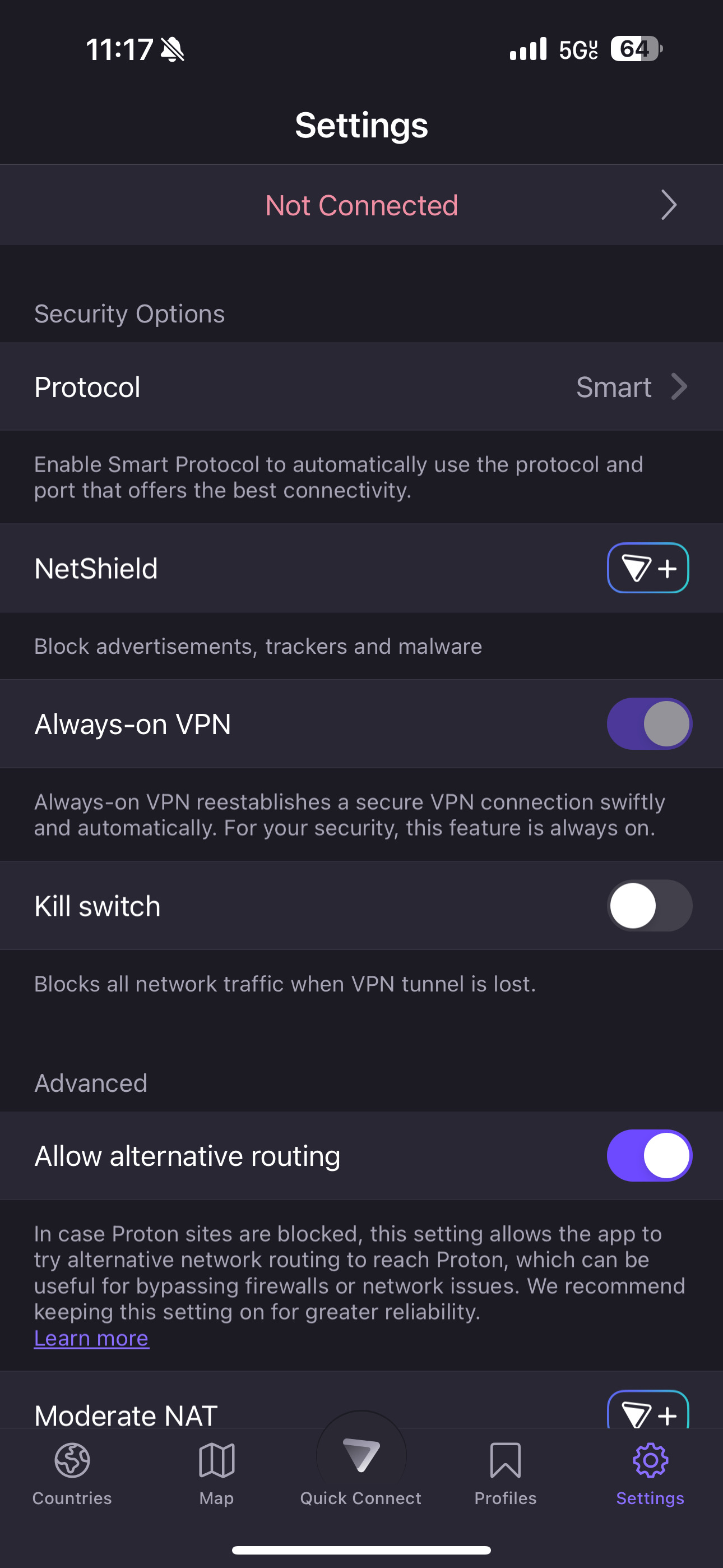 Proton VPN settings like Kill Switch, NetShield, and more