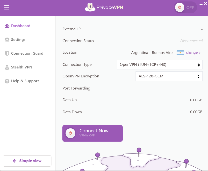 PrivateVPN advanced view dashboard