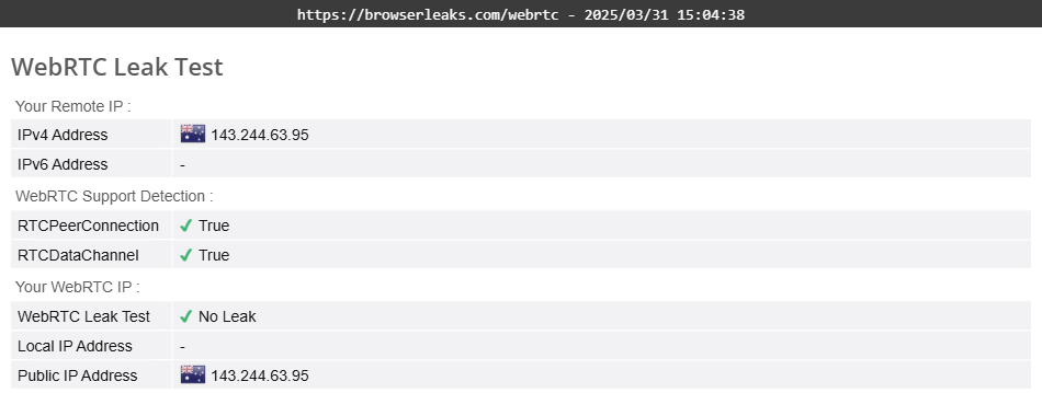 PrivateVPN's WebRTC leak test results (passed)