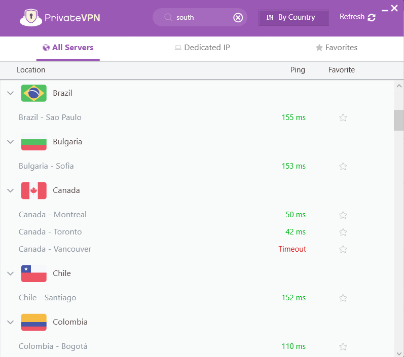 PrivateVPN's all servers list 