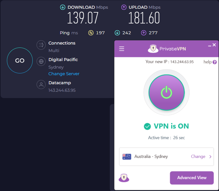 PrivateVPN's speed test results while connected to a server in Sydney (139.07 download, 181.60 upload, 197 ms)
