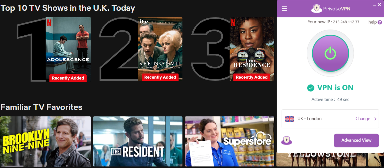 Netflix list of top shows in the U.K. today with PrivateVPN in the foreground