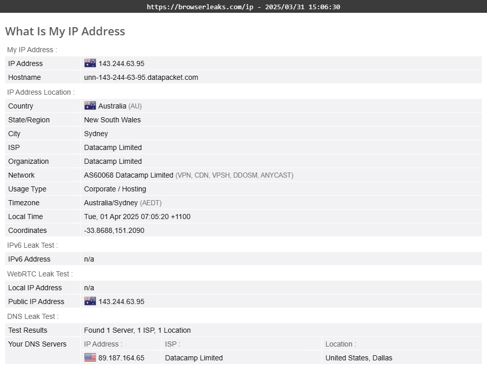 PrivateVPN's DNS leak test results (passed)