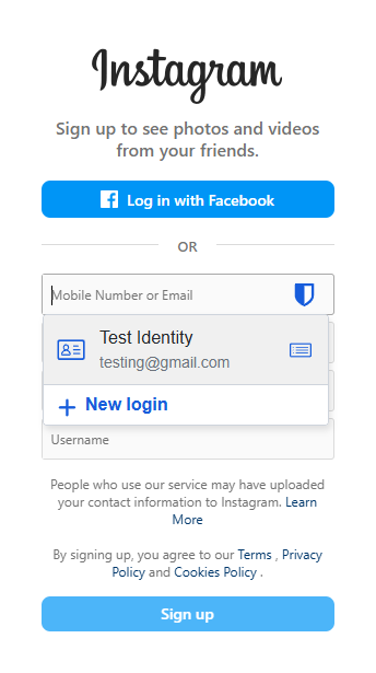 Instagram account creation page with Bitwarden prompting to autofill 