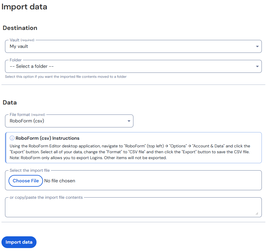 Bitwarden's import data form with instructions on how to import from Roboform