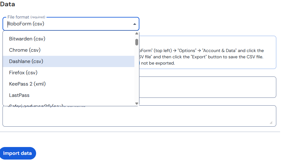 Bitwarden's import data form with a dropdown list of file formats 