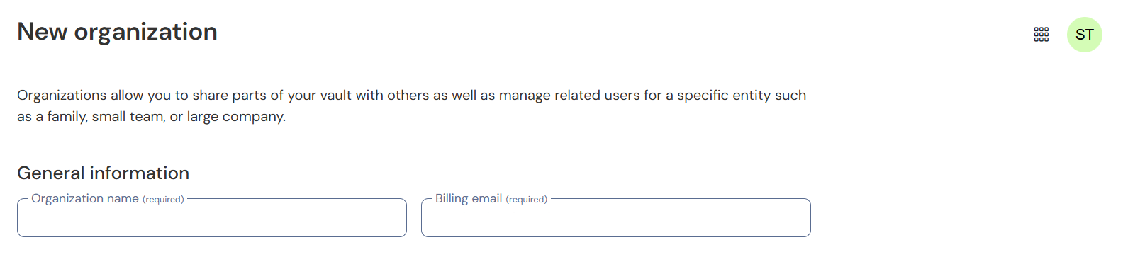Bitwarden's form to create an organization