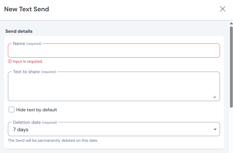 Bitwarden window with a form to send a new text send