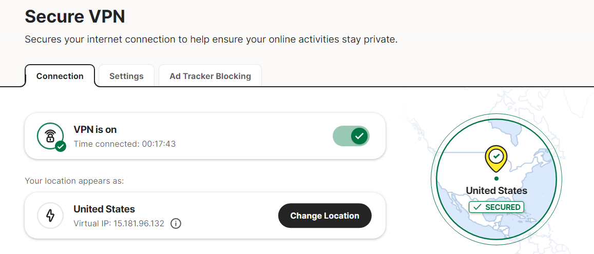 Norton 360 Deluxe app open on Secure VPN tab