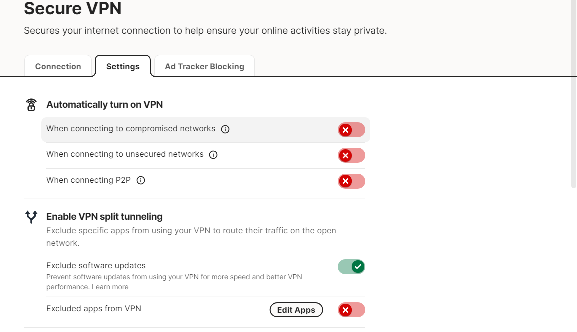 Norton Secure VPN open on settings tab
