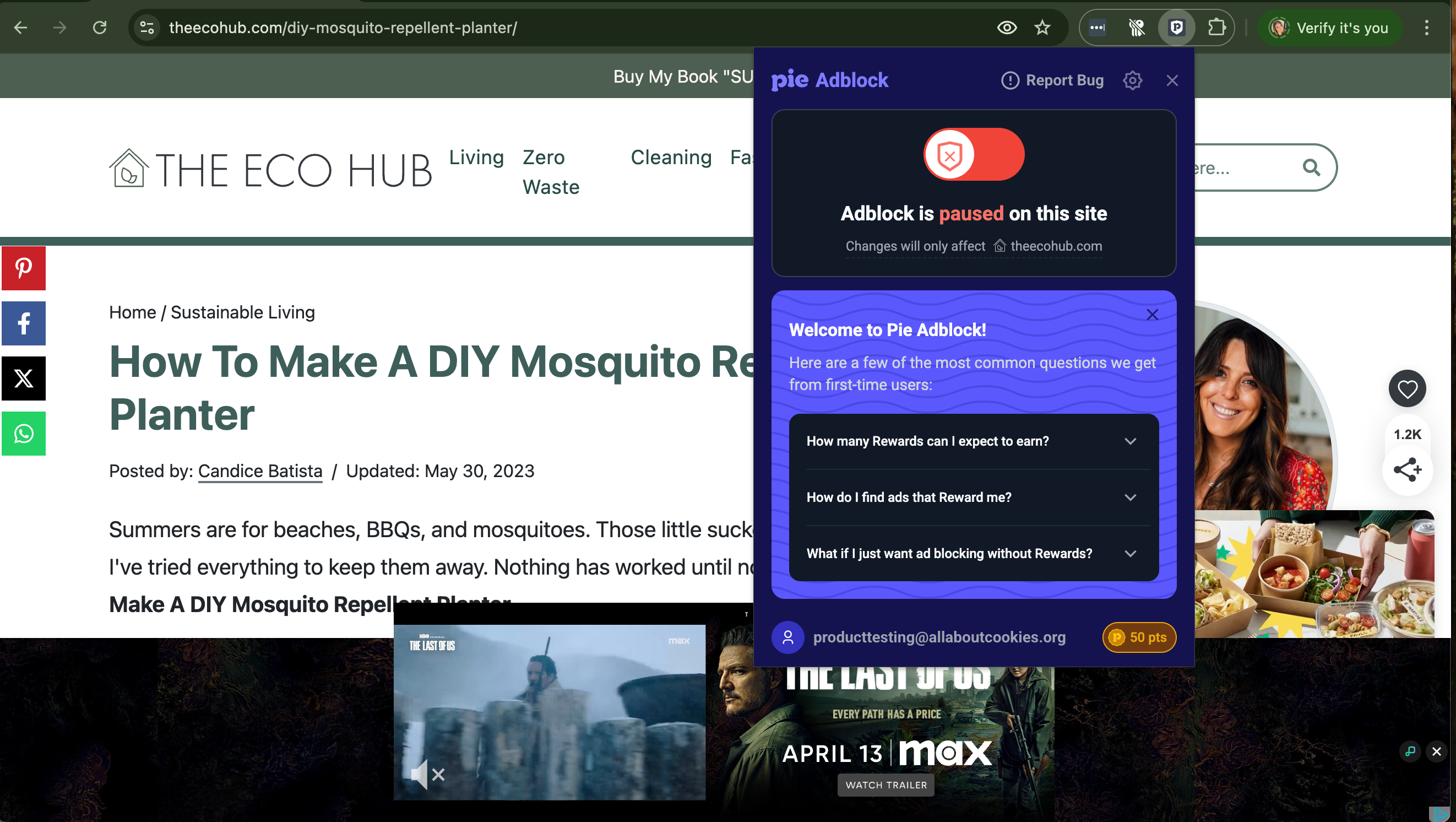 Test of toggling Pie Adblock on and off for All About Cookies review