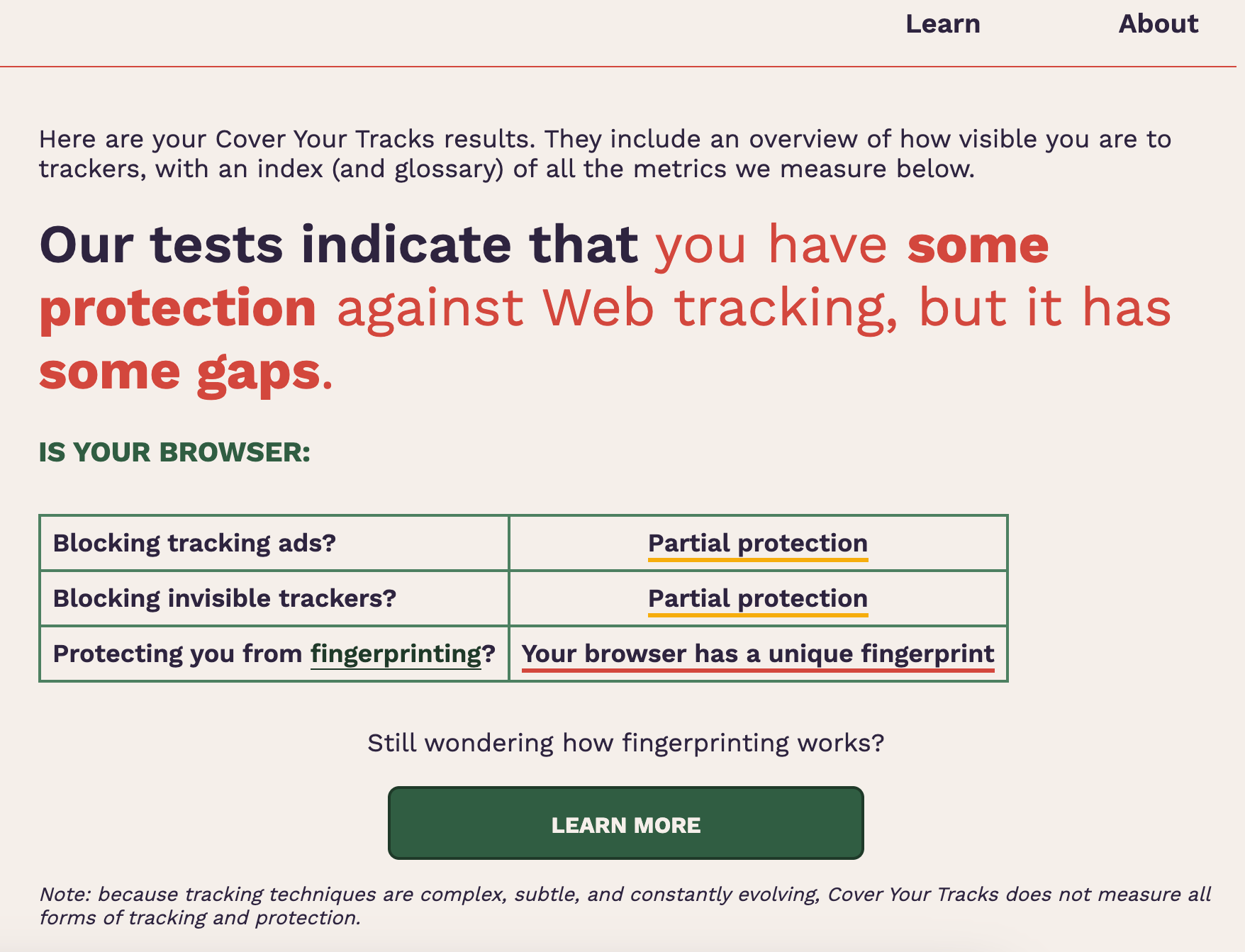 Pie Adblock scored a total of 1 out of 3 on the Cover Your Tracks tracker test