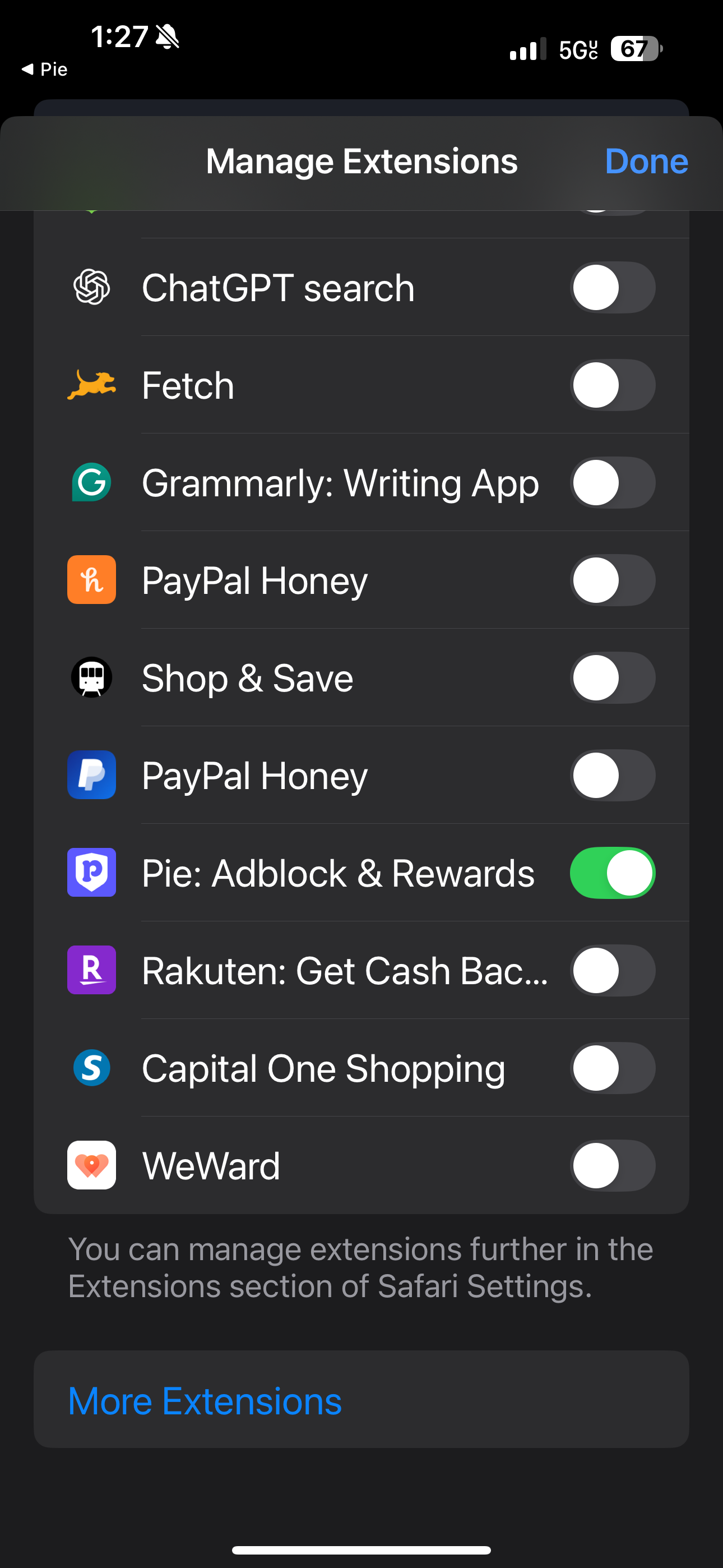 Manage Pie Adblock extension on iOS