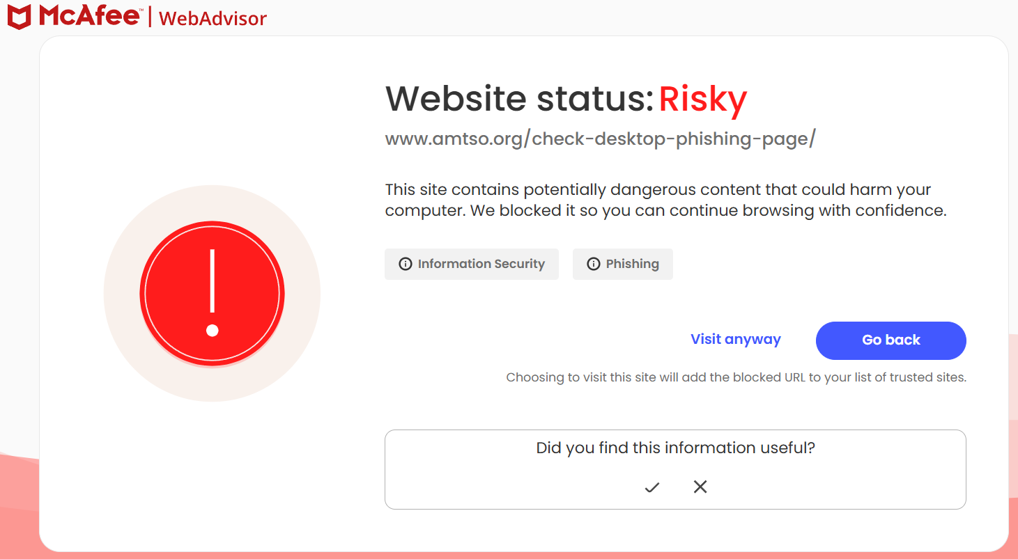 McAfee WebAdvisor warning about a risky website.