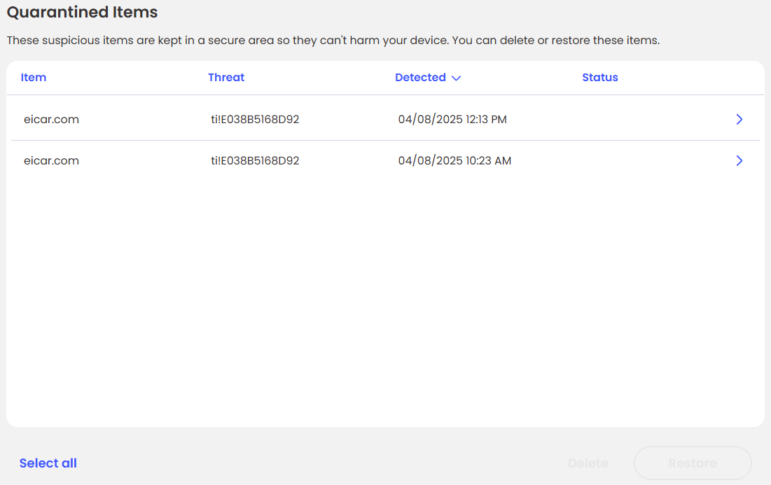 McAfee Quarantined items tab