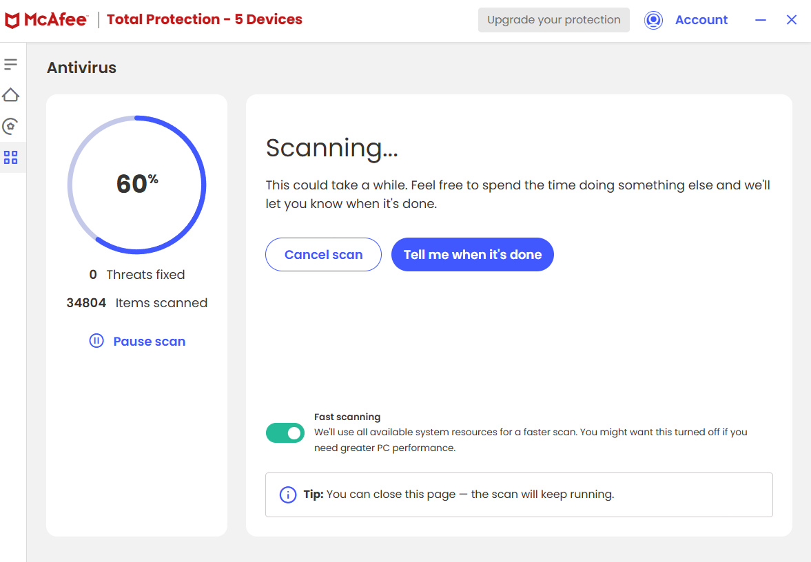 McAfee antivirus in the progress of a quick scan