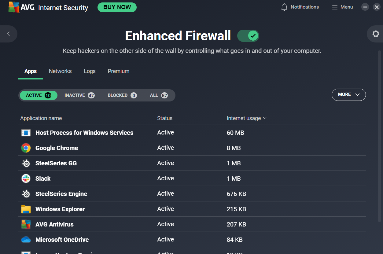 AVG Enhanced Firewall open on Apps tab