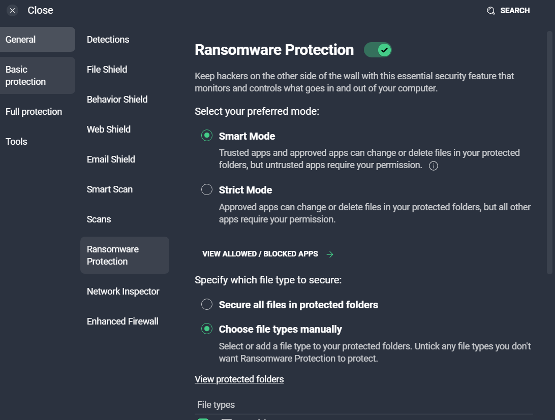 AVG Settings open on Basic Settings > Ransomware Protection