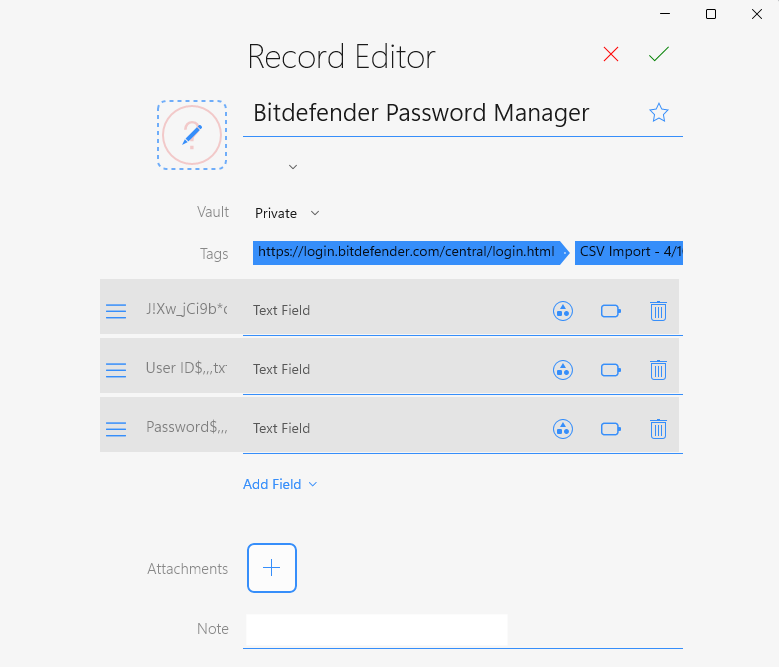 Bitdefender Password Manager entry in our mSecure vault after importing