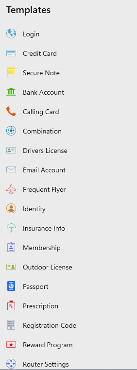 mSecure list of templates for entries