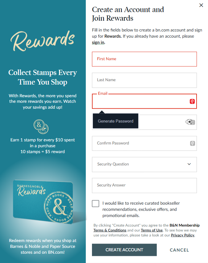 Barnes and Noble create account form with a generate password pop-up from SecurePass