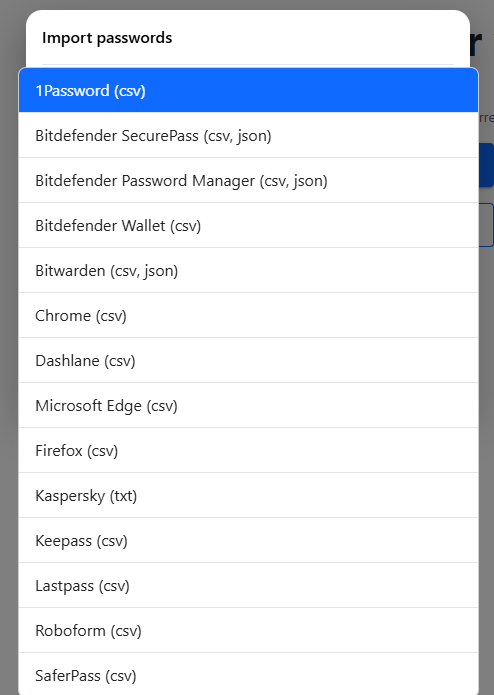 Bitdefender SecurePass list of import options
