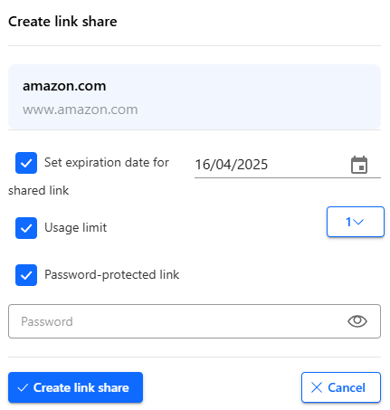 Bitdefender SecurePass window for creating a link share for an Amazon item