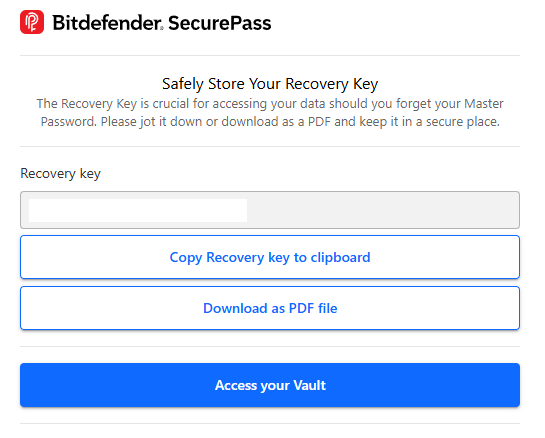 Bitdefender SecurePass page to safely store your recovery key (copy key to clipboard or download as a PDF)