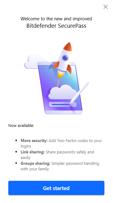 Bitdefender SecurePass welcome window listing new features (2FA for logins, link sharing, groups sharing)