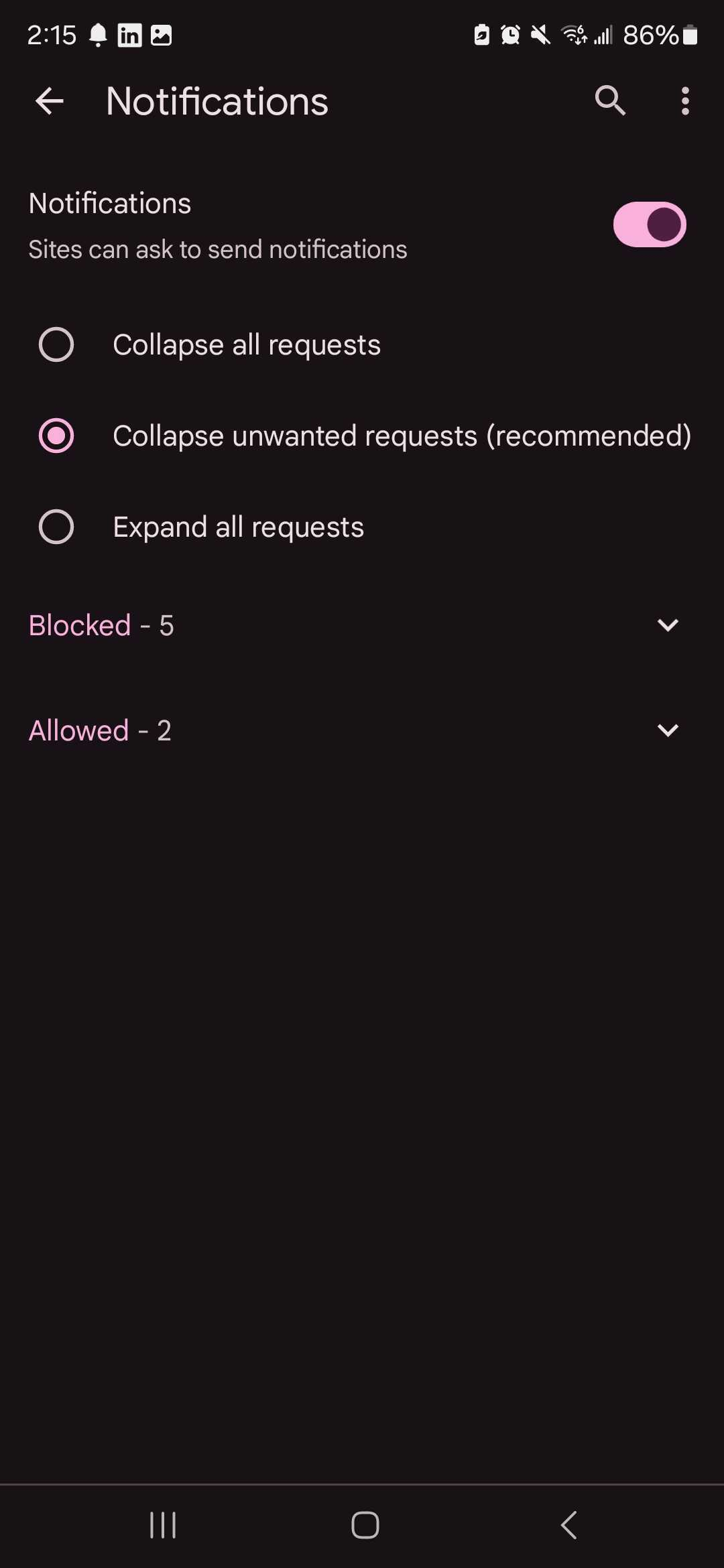 Chrome notification toggles on Android device