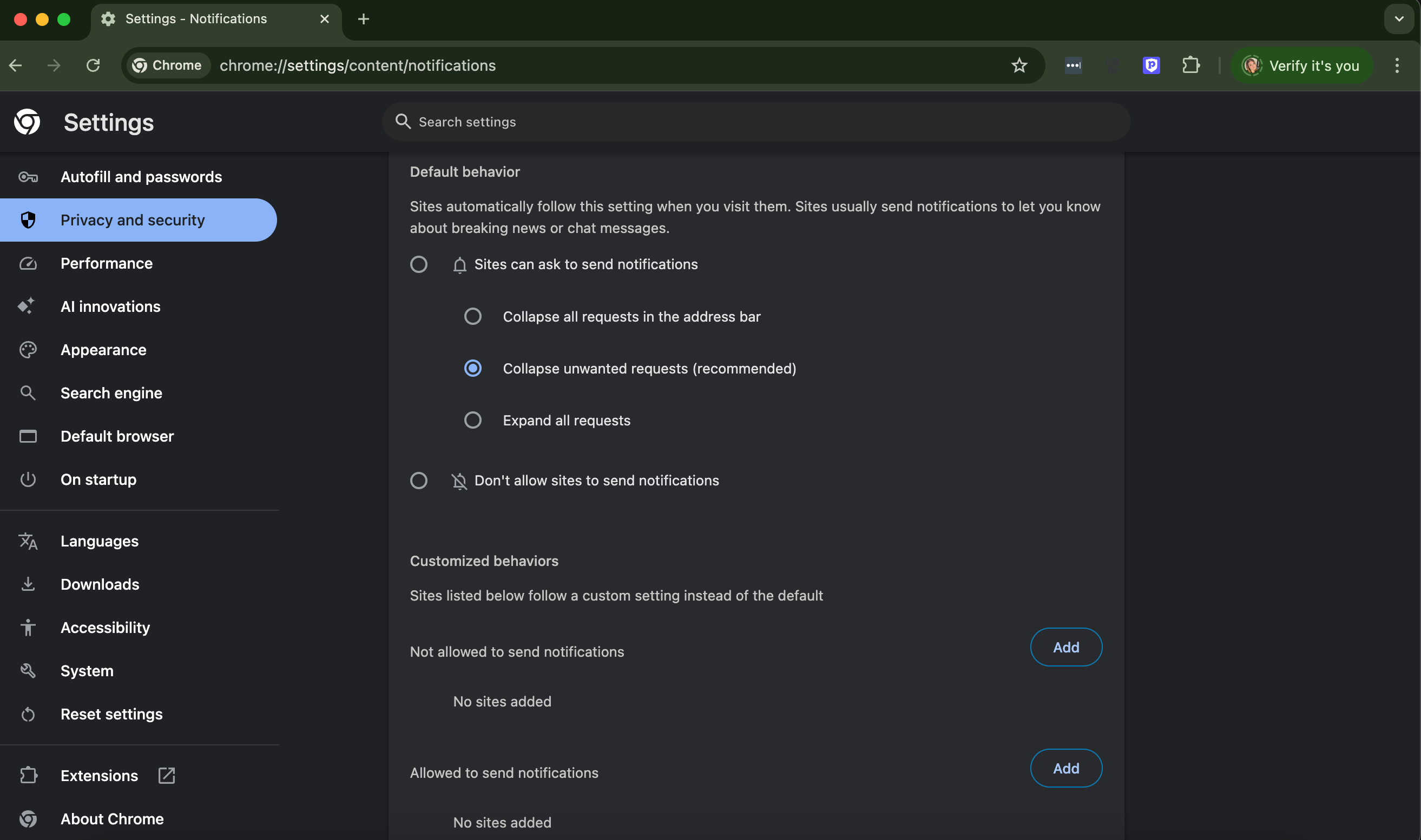Customize behaviors using toggles in Google Chrome settings
