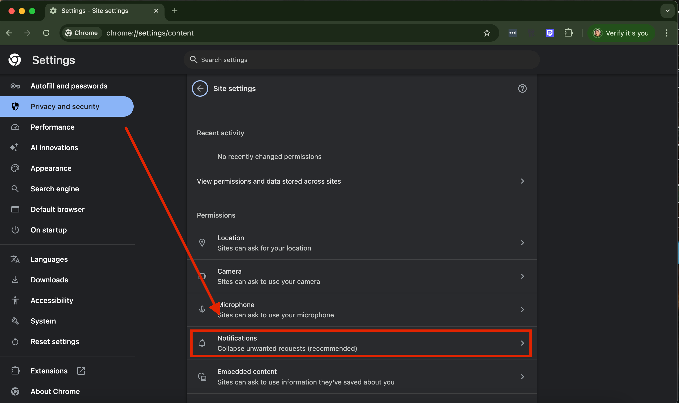 Click notifications in Chrome settings