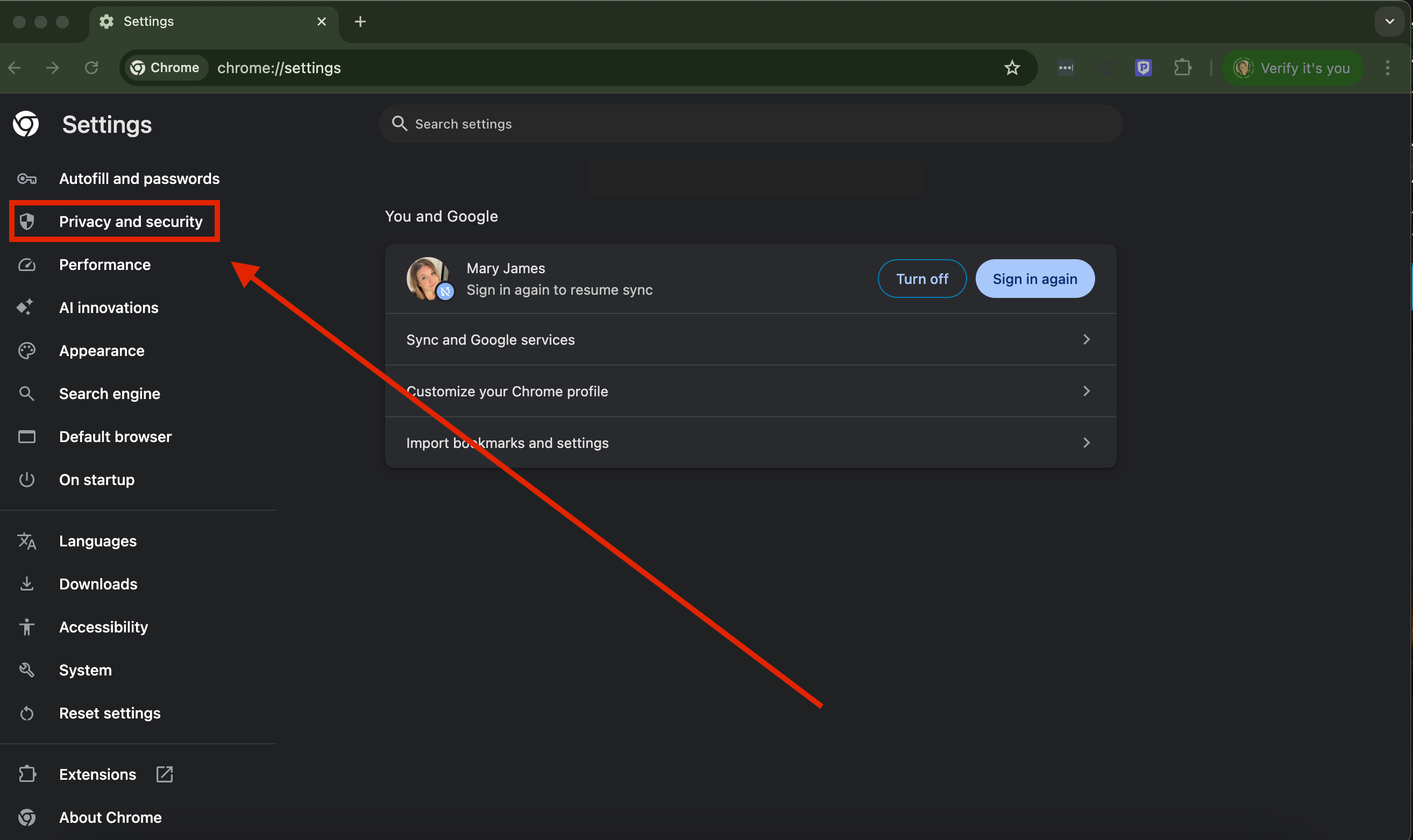 Click Privacy and security in Chrome settings