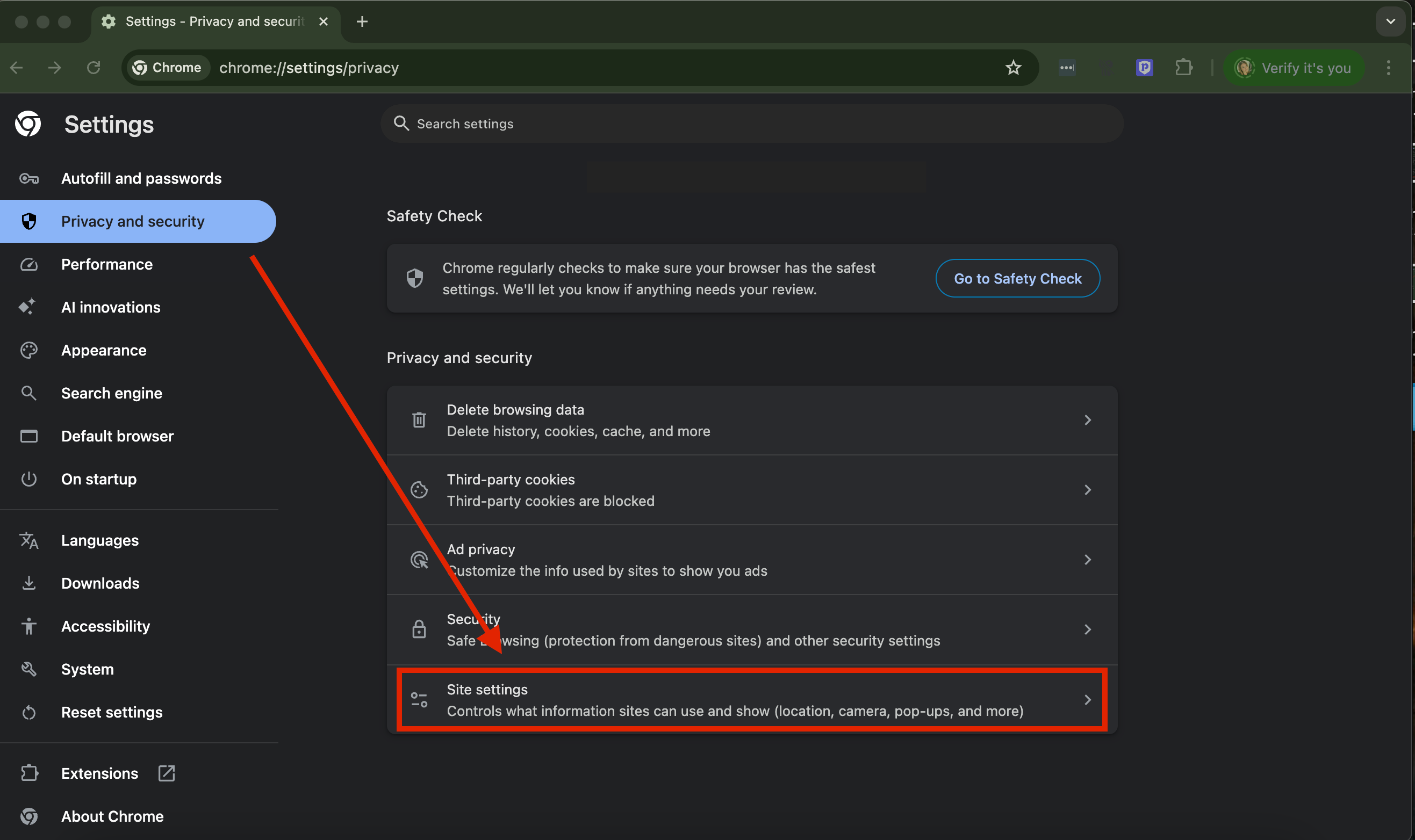 Click site settings in Chrome