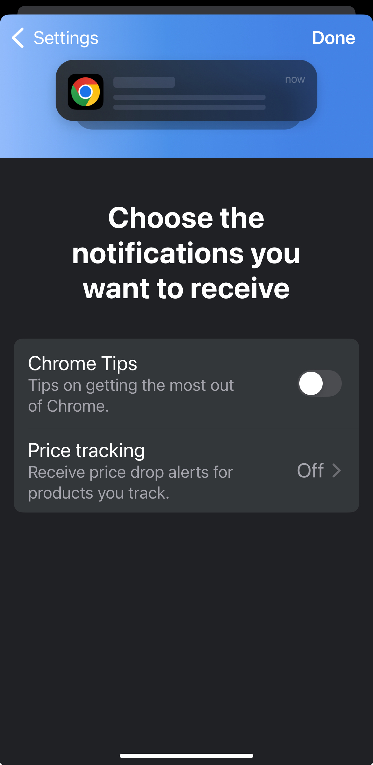 Toggle the notification settings to enable or disable Chrome notifications on iPhone
