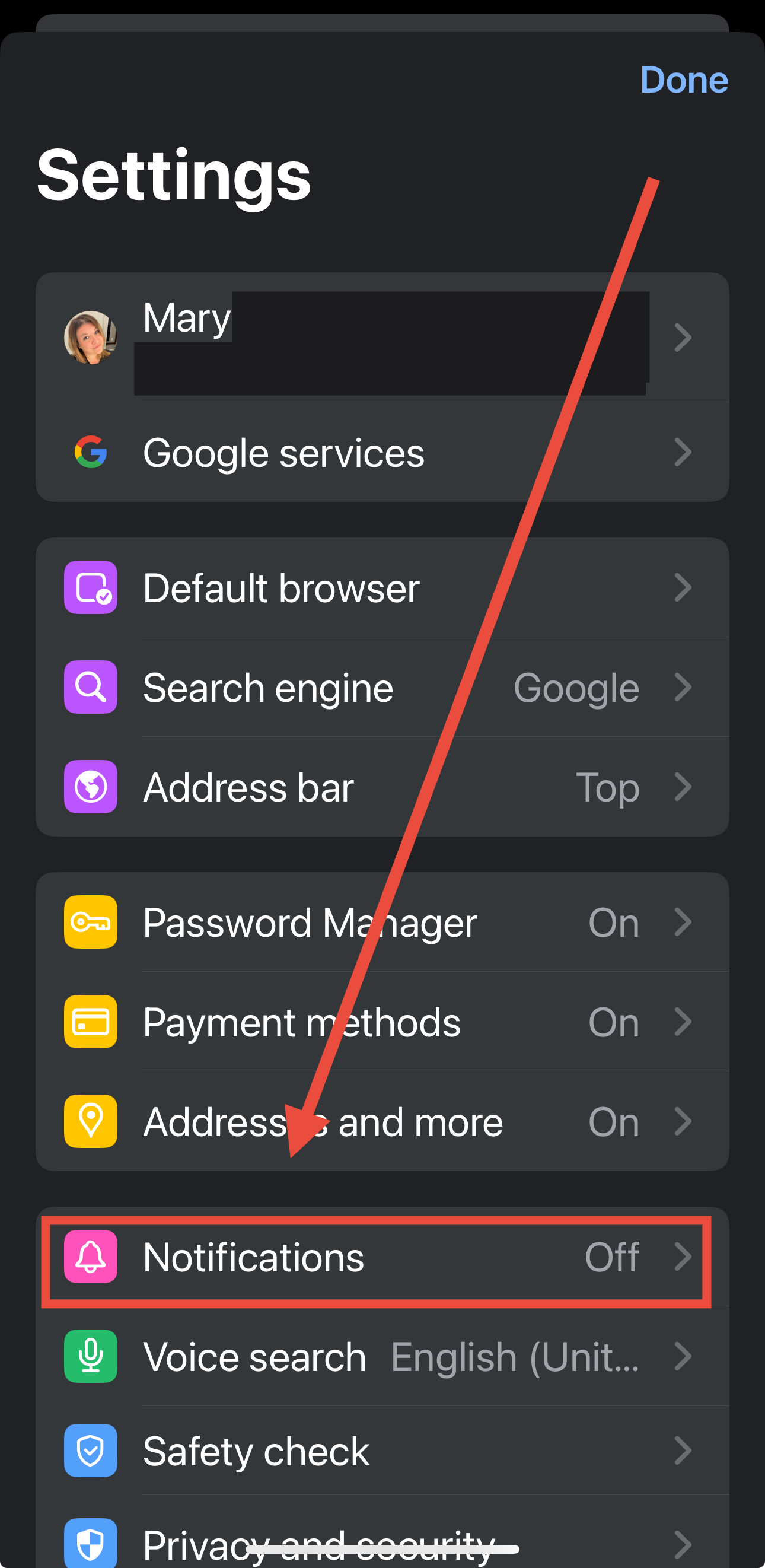 Access notifications in settings to customize Chrome notifications