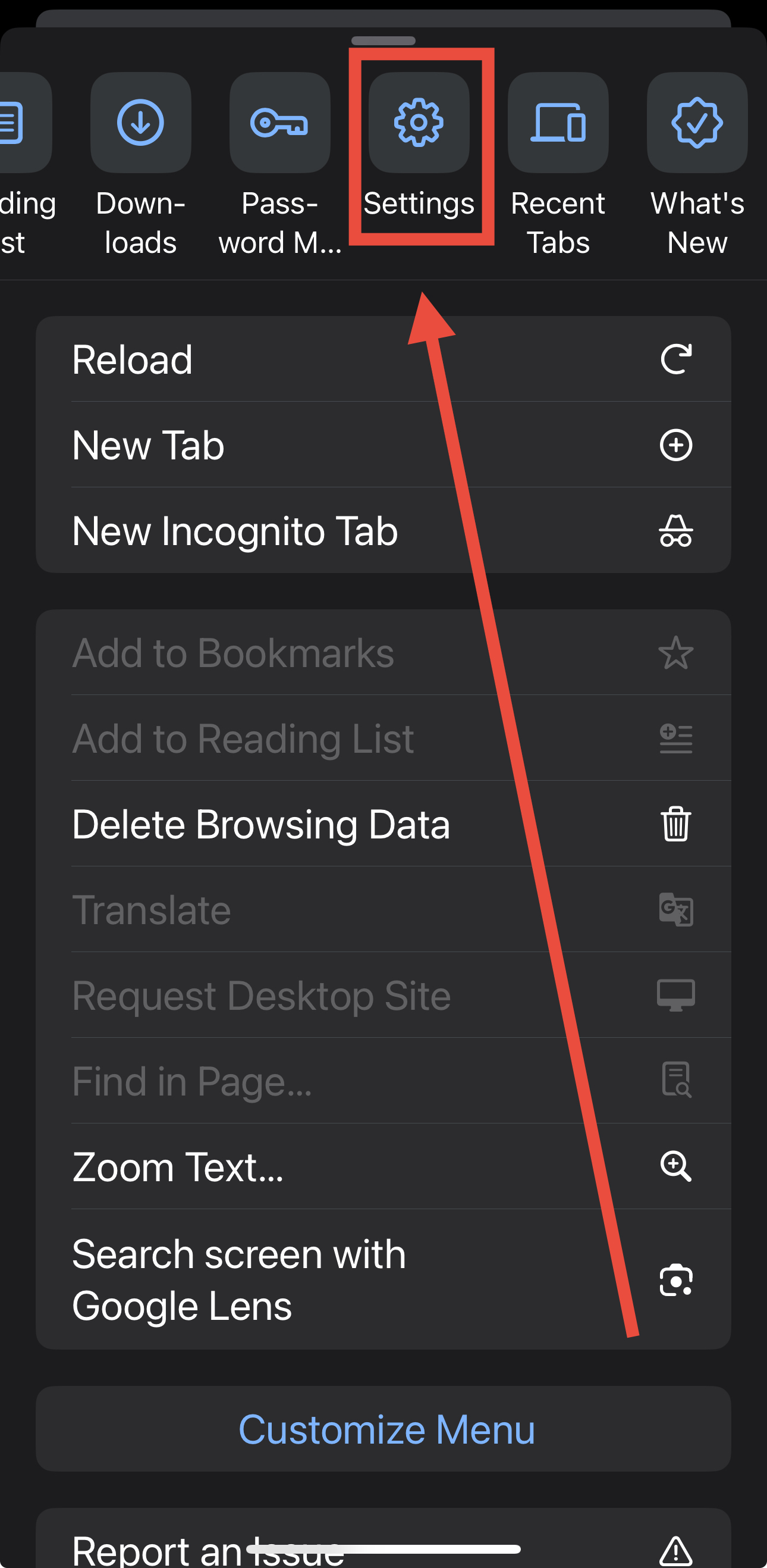 Select settings from the iPhone menu to customize Chrome notifications