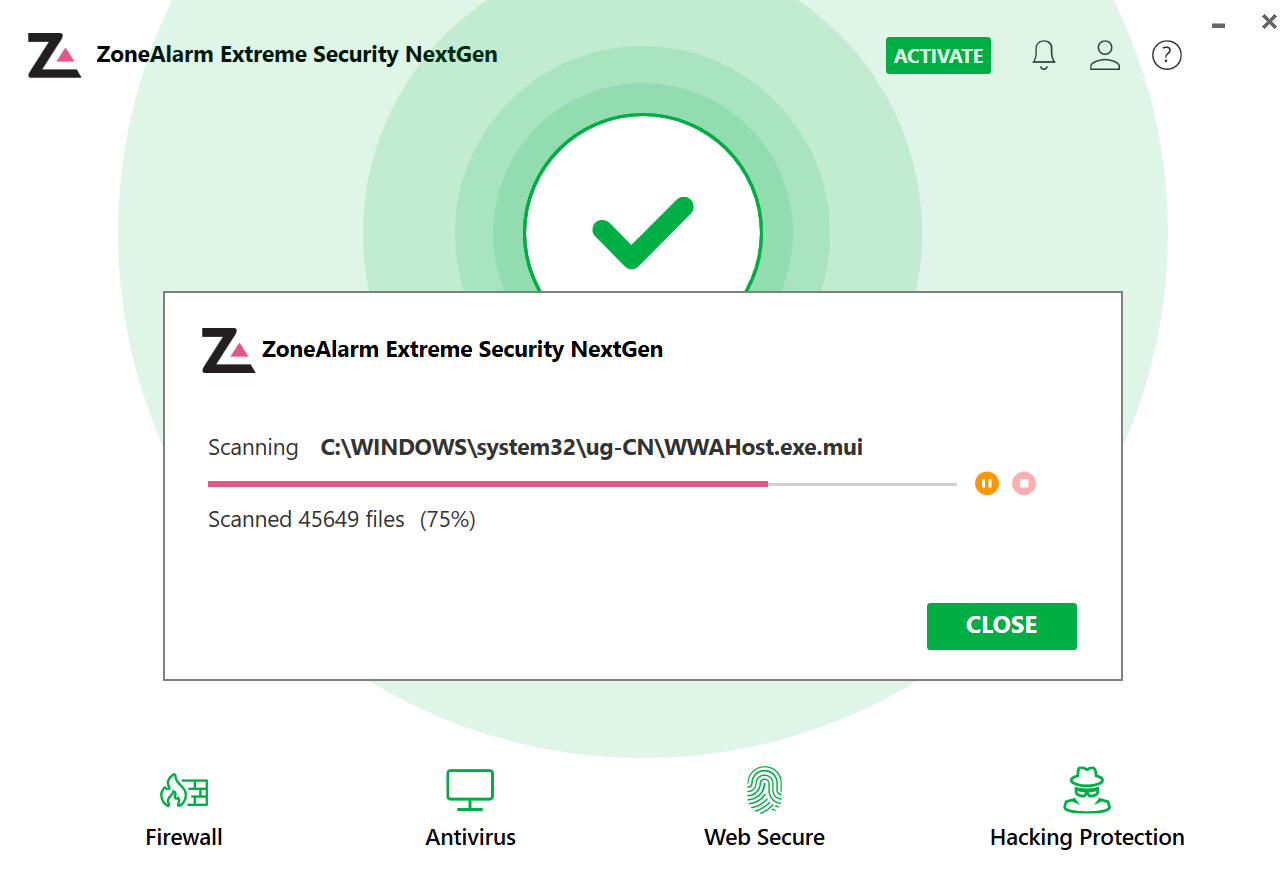 ZoneAlarm antivirus dashboard with quick scan in progress window