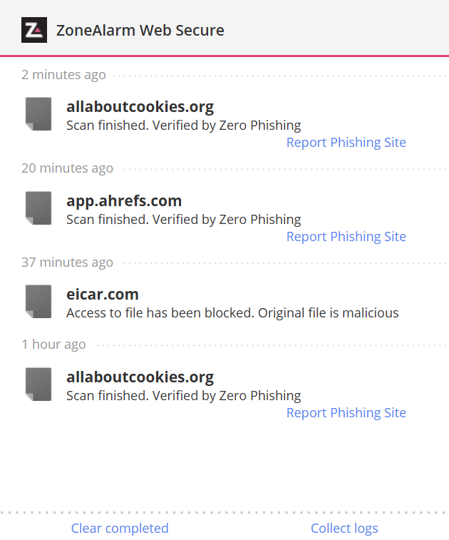ZoneAlarm Web Secure phishing extension showing list of notifications