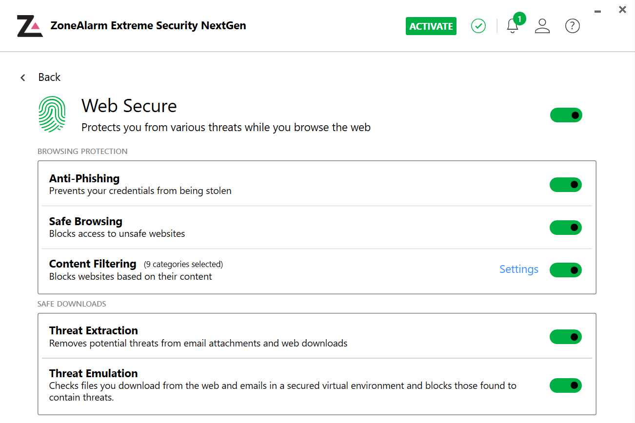 ZoneAlarm Web Secure settings and toggles