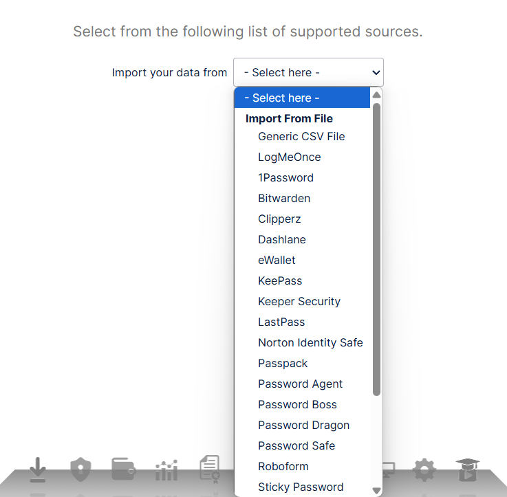 LogMeOnce import page with dropdown of import options open