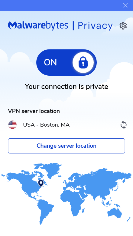 Malwarebytes Privacy VPN dashboard (connected to server in Boston)