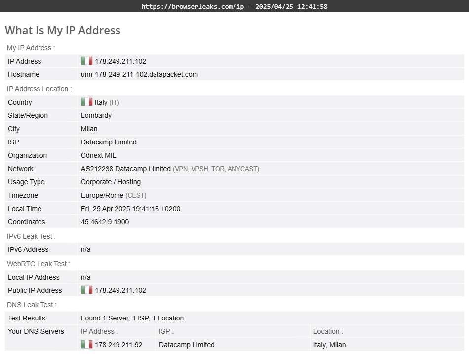 Malwarebytes Privacy VPN's DNS leak test results (pass)