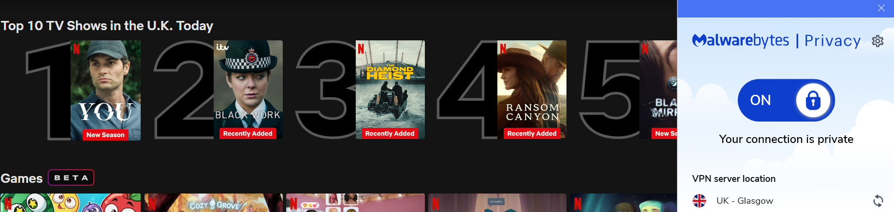 Netflix list of top shows in the U.K. today with Malwarebytes Privacy VPN in the foreground