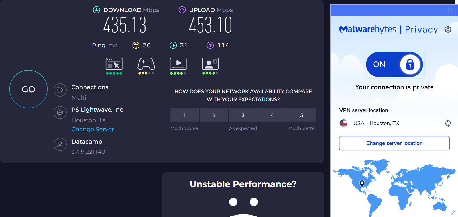 Speed test results for hide.me while connected to a server in Houston (435.13 download, 453.10 upload, 20 ping)